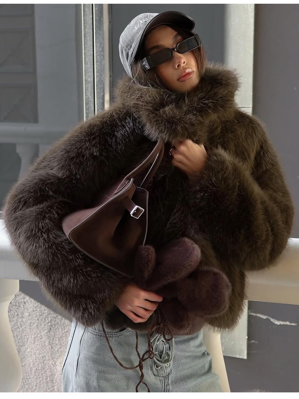 hooded Luxury Brown Faux Fur thick Coat - Women's Plush Winter Jacket